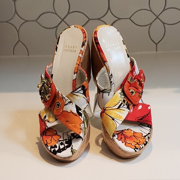 Stuart Weitzman Canvas Floral Print Wedge Sandals Size 6.5 - Picture 3 of 14